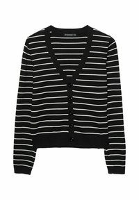 Zwarte v-hals cardigan met witte horizontale strepen, lange mouwen en zes zwarte knopen aan de voorkant. Zachte breimateriaal, cropped ontwerp.