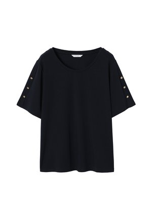 Black short-sleeve top in soft fabric with a round neckline, featuring gold button accents on the sleeves and a relaxed fit design.