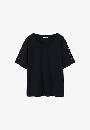 Black short-sleeve top in soft fabric with a round neckline, featuring gold button accents on the sleeves and a relaxed fit design.