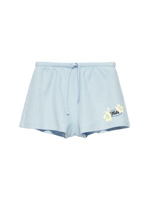Shorts bleu clair texturé avec taille élastique et cordon, ornés de petites fleurs d'hibiscus jaunes et du texte "USA" sur la jambe droite.
