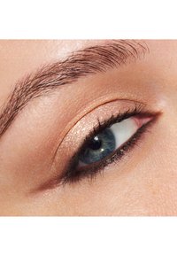 Ojo azul con sombra de ojos champán brillante, delineador negro y ceja oscura bien cuidada sobre piel clara.