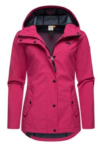 Veste imperméable fuchsia avec fermeture à glissière et boutons-pression à l'avant, capuche ajustable, deux poches avant, et un ourlet légèrement plus long à l'arrière.