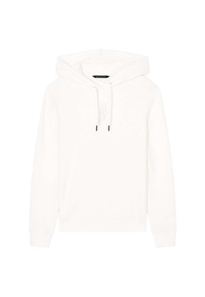 Sweat à capuche blanc avec cordons, manches longues, poche kangourou à l’avant et petit logo sur la poitrine, présenté sur un fond blanc.