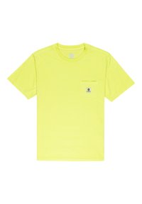 Neon yellow cotton t-shirt with a round neckline and short sleeves, featuring a square pocket on the left chest with a logo patch.