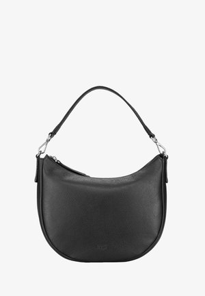 Sac à épaule en cuir noir avec une forme arrondie, des ferrures argentées et une fermeture éclair. La surface présente une finition texturée.