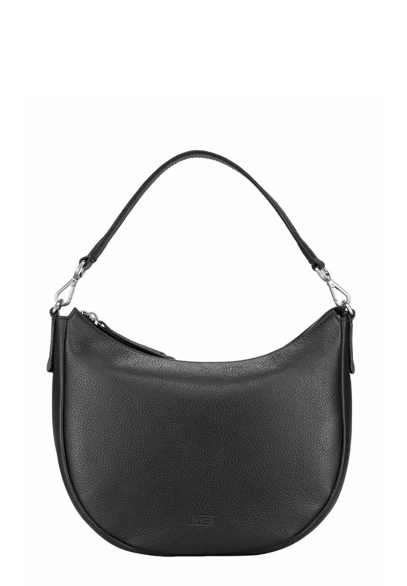 Sac à épaule en cuir noir avec une forme arrondie, des ferrures argentées et une fermeture éclair. La surface présente une finition texturée.