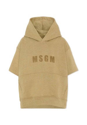 Beżowa bluza z kapturem z krótkim rękawem, dużym kapturem i literami MSGM nadrukowanymi pogrubioną czcionką na klatce piersiowej, pokazana na białym tle.