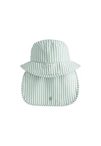 Csíkos vödörsapka halványzöld és fehér színekben, könnyű anyagból készült, széles karimával és nyakvédővel a napvédelem érdekében.