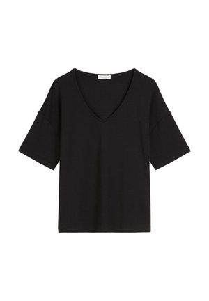 Zwarte V-hals T-shirt van zacht materiaal, met korte mouwen, een losse pasvorm en een minimalistisch ontwerp zonder patronen of accenten.