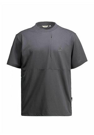 Donkergrijs T-shirt met korte mouwen en ronde hals, met een subtiele verticale naad, een klein logopatchje op de linkerborst en een ritsdetail nabij de kraag.