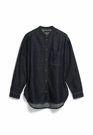 Donkerblauw denimshirt met een mandariijnkraag, lange mouwen, knoopsluiting aan de voorkant, één borstzak en een afgeronde zoom.