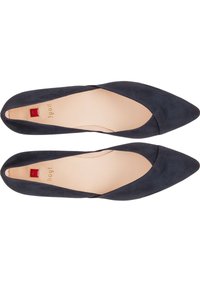 Navy suede high-heeled pumps with a pointed toe and cutout design. Features a small red accent near the insole. Smooth inner lining.