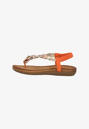 Sandalia plana con suela marrón claro, tira trasera elástica naranja y tira en forma de tira trenzada con estampado floral.