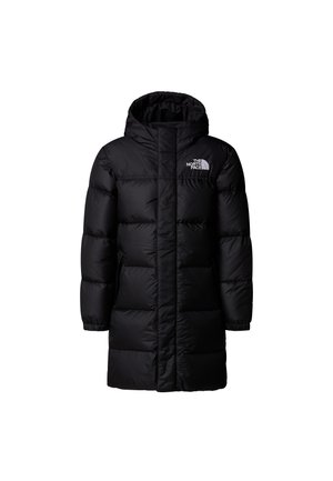 Čierny prešívaný kabát po kolená s kapucňou, elastickými manžetami, predným zipsom a logom The North Face na ľavej strane hrudníka.