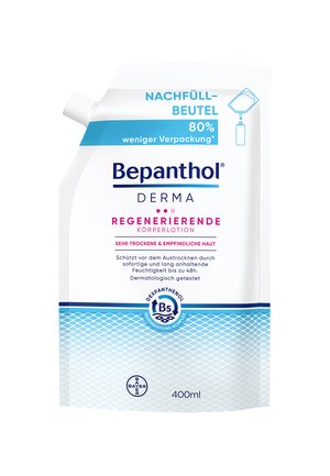 Bepanthol Derma regenerierende Lotion Nachfüllbeutel, weiß mit blauen Akzenten, 400 ml, verfügt über einen sicheren Deckel für einfaches Dosieren und minimierte Verpackung.