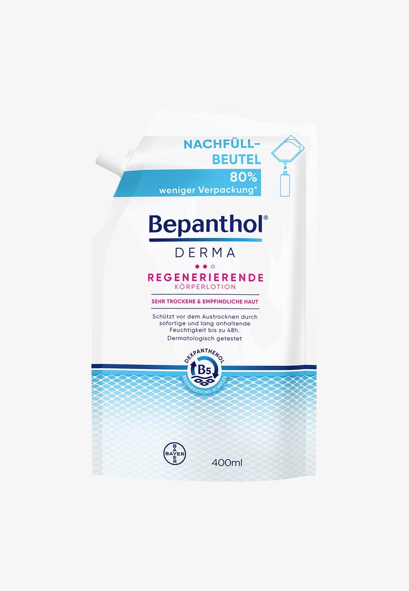 Bepanthol Derma regenerierende Lotion Nachfüllbeutel, weiß mit blauen Akzenten, 400 ml, verfügt über einen sicheren Deckel für einfaches Dosieren und minimierte Verpackung.