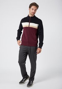 Herren Zip-Cardigan in Dunkelmarineblau, Burgunderrot und Cremefarben, mit horizontalen Streifen, gerippten Bündchen und Stehkragen, kombiniert mit grauen Hosen.