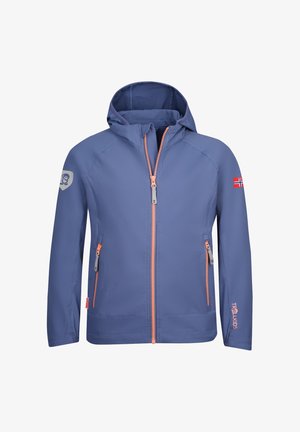 Leichte blaue Jacke mit Kapuze, mit orangen Reißverschlüssen, seitlichen Taschen und einem Logo auf dem Ärmel. Mit einem kleinen Detail der norwegischen Flagge.
