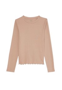 Hellbraunes, langärmliges, geripptes Oberteil mit rundem Ausschnitt und gewelltem Saum. Hergestellt aus weichem Material mit strukturiertem Finish.
