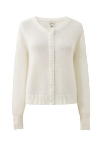 Witte gebreide cardigan met een ronde halslijn, sluiting met knopen aan de voorkant en geribbelde manchetten. Zachte textuur, cropped lengte en eenvoudig ontwerp.