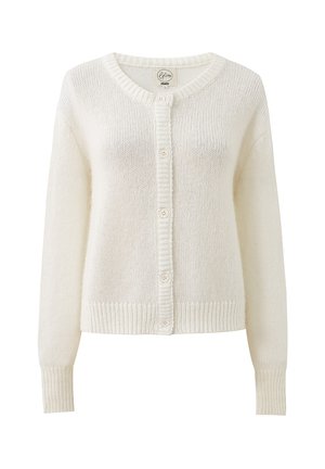 Witte gebreide cardigan met een ronde halslijn, sluiting met knopen aan de voorkant en geribbelde manchetten. Zachte textuur, cropped lengte en eenvoudig ontwerp.