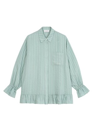 Jasnozielona bluzka z długim rękawem, z białymi pionowymi paskami, falbankami na mankietach i na dole, z przednią kieszenią i kołnierzykiem.
