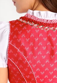 Robe en tissu rouge avec un motif floral de petits nœuds, encolure brodée avec des accents verts, et un chemisier blanc à col en dessous.