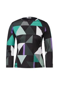 Langarmhemd mit geometrischem Muster in Grün, Schwarz, Weiß und Lila, aus weichem Stoff mit Rundhalsausschnitt.