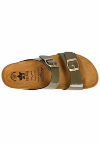Green patent leather sandal with two adjustable straps and metal buckles, featuring a cork footbed and textured inner surface.