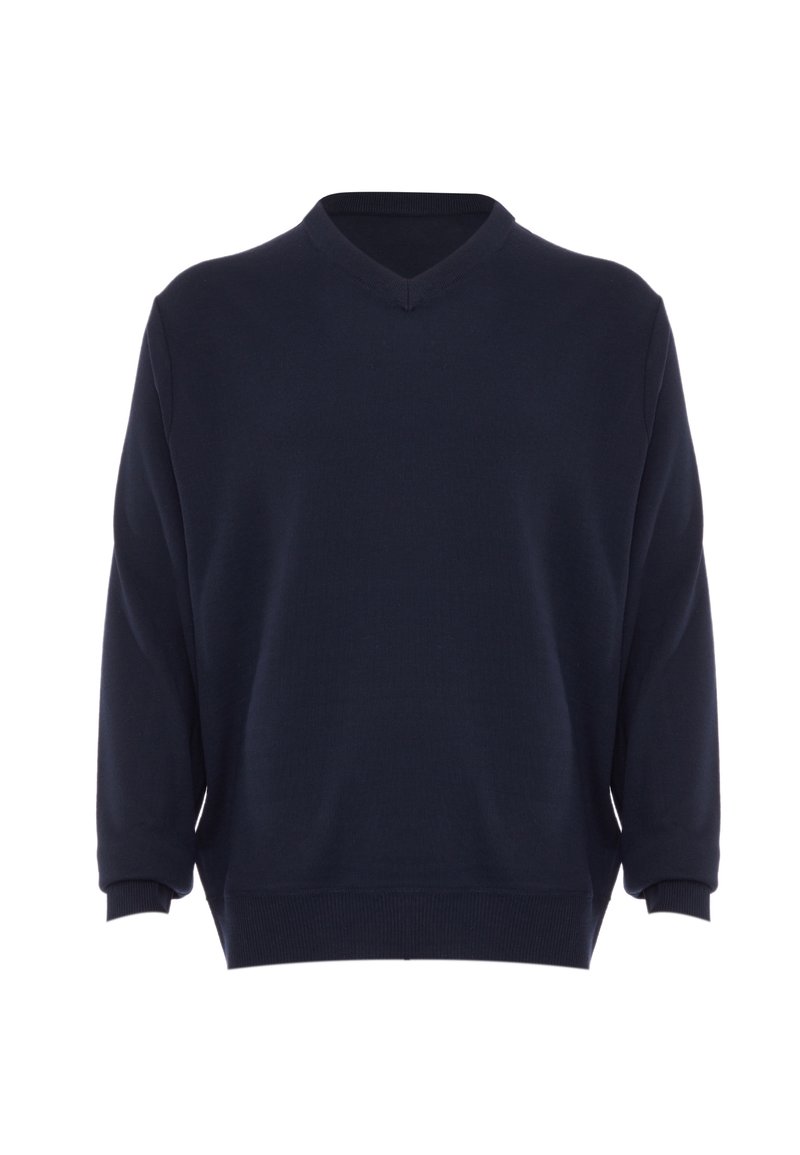 Dunkelblaues V-Ausschnitt-Pullover aus einem weichen Material, mit langen Ärmeln und gerippten Bündchen und Saum für eine lockere Passform.