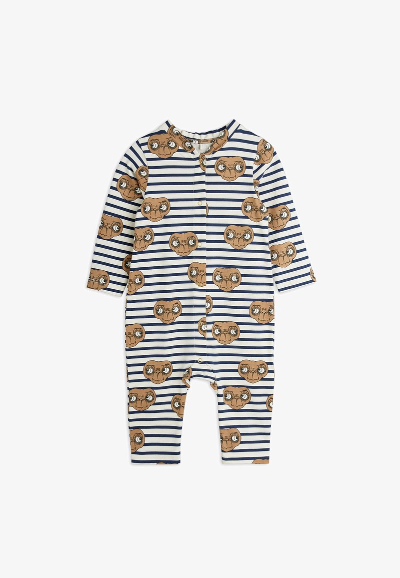 Bomuldsromper med lange ærmer, marineblå og hvide striber, med et gentaget mønster af tegneseriealien-ansigtet og trykknaplukninger i bunden.