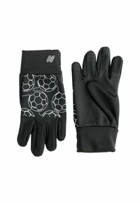 Schwarze Handschuhe mit einem weißen Fußballmuster, die über eine strukturierte Griffigkeit auf der Handfläche und einen engen Sitz am Handgelenk verfügen.