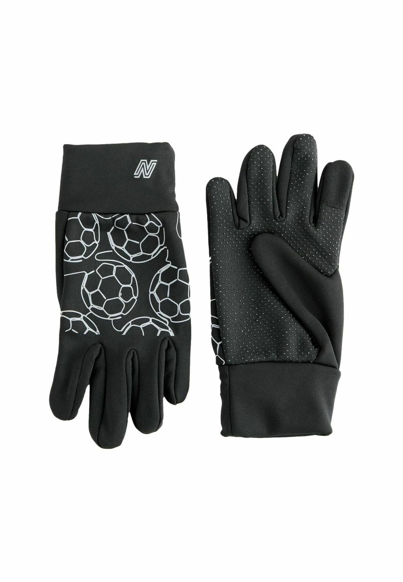 Schwarze Handschuhe mit einem weißen Fußballmuster, die über eine strukturierte Griffigkeit auf der Handfläche und einen engen Sitz am Handgelenk verfügen.