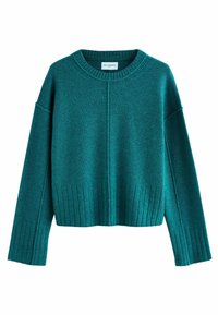 Tirkizna oversized vuna majica s rebrastim rubom i manžetama, s okruglim izrezom i detaljem srednjeg šava. Mekana, teksturirana tkanina.