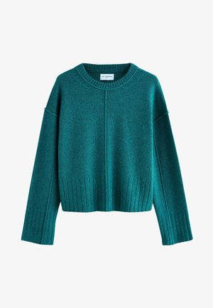 Suéter de lana en color verde azuloso, de corte oversize, con dobladillo y puños acanalados, con un escote redondo y un detalle de costura central. Tejido suave y texturado.
