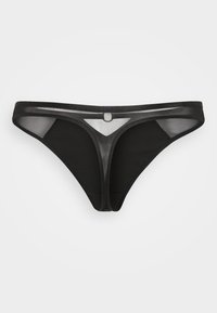 Zwarte bikini-achtige onderbroek met semi-transparante meshpanelen en een klein metalen ringdetail aan de voorzijde van de tailleband.