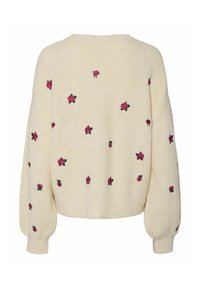 Kremasti pulover s rebrastom teksturom, koji sadrži razbacanu刺ne crvene ruže. Dizajniran s opuštenim krojem i dugim, balon rukavima.