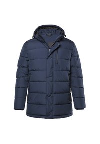 Chaqueta acolchada de color marino con capucha, que presenta un cierre de cremallera frontal, un patrón de acolchado horizontal, dos bolsillos laterales con cremallera y puños acanalados.