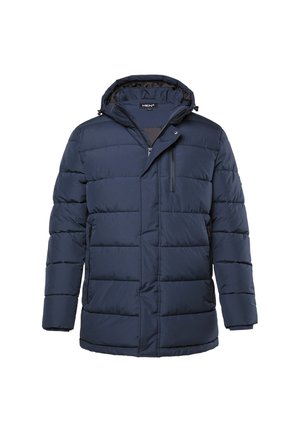 Giubbotto imbottito blu navy con cappuccio, dotato di chiusura lampo sul davanti, motivo a righe orizzontali, due tasche laterali con zip e polsini a coste.