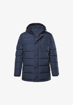 Mørkeblå pufferjakke med hætte, med lynlås foran, horisontalt quiltet mønster, to sidelommer med lynlås og ribbede manchetter.