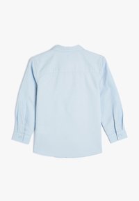 Camicia azzurro chiaro a maniche lunghe con colletto, cucitura del giromanica posteriore e polsini con bottoni. Texture liscia, orlo curvo e design a vestibilità classica.