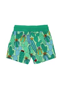 Green cactus-patterned shorts featuring a variety of cacti in blue and yellow accents. Made from soft, lightweight fabric with a ribbed waistband.