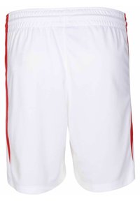 Witte sportieve shorts met een elastische tailleband, voorzien van rode zijkanten. Gemaakt van lichtgewicht stof, ontworpen voor actieve kleding.