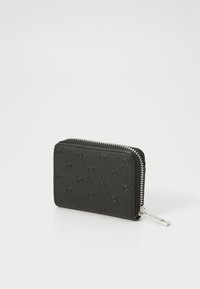 Black zippered wallet made of textured material, featuring a quilted pattern and silver hardware detail on the zipper pull.