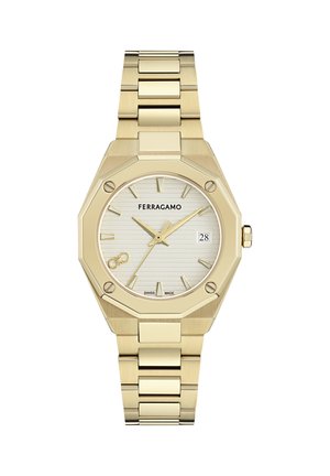 Gold-tone Ferragamo wristwatch with octagonal bezel, white dial, gold hour markers, date window at 3 o'clock, and linked metal bracelet.