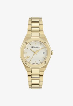 Gold-tone Ferragamo wristwatch with octagonal bezel, white dial, gold hour markers, date window at 3 o'clock, and linked metal bracelet.