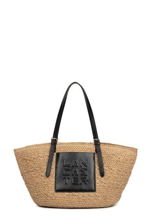 Sac cabas tressé couleur tabac avec poignées en cuir noir et une pièce de cuir noir embossée "LANCASTER" sur le devant.