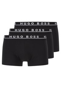 Boxer-briefs en coton noir, pack de trois, avec une ceinture élastique blanche arborant le texte "HUGO BOSS" et un design ajusté.
