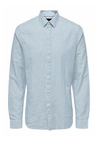Camisa de botones a rayas azul claro y blanca, con cuello puntiagudo, mangas largas y botones de perla, hecha de una suave tela de algodón.