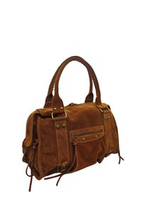 Sac à main en daim marron avec poignées doubles, fermeture zippée, poche avant et quincaillerie décorative. Il présente une texture douce et une forme rectangulaire compacte.
